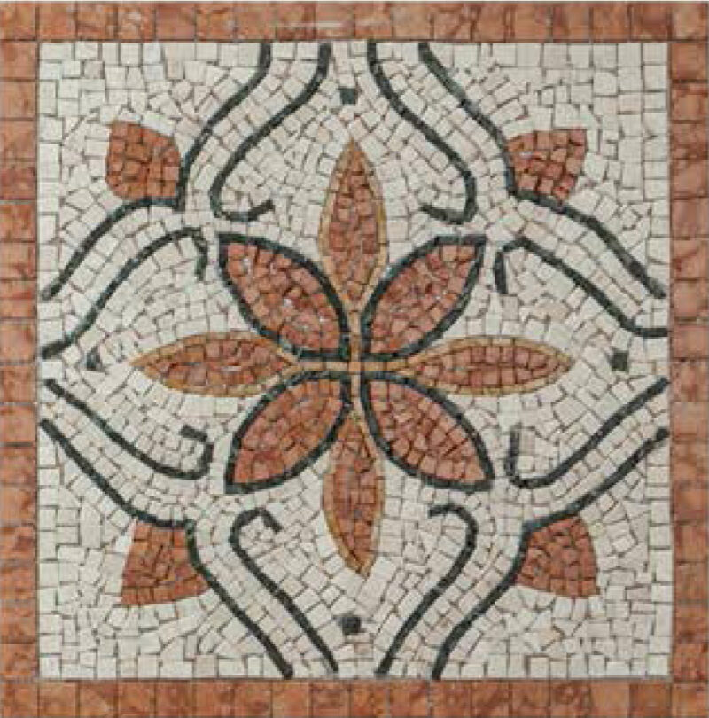 Rosone quadrato in mosaico di marmo con un fiore a otto petali rosso e arancio su fondo avorio e cornice in rosso Verona